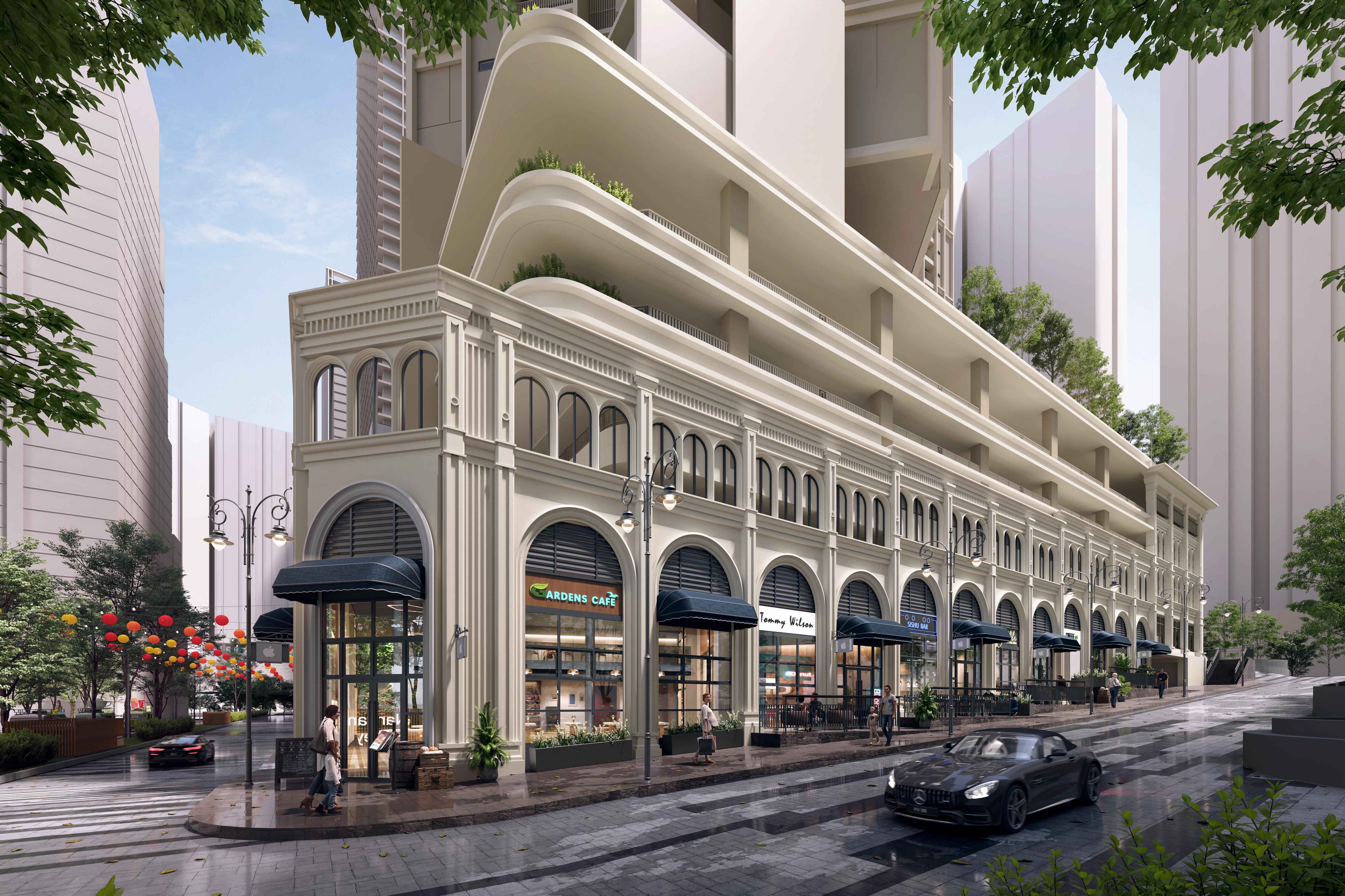 Colonial retail frontage at The Aldenz — a tree-lined shophouse street with timber shutters and awnings