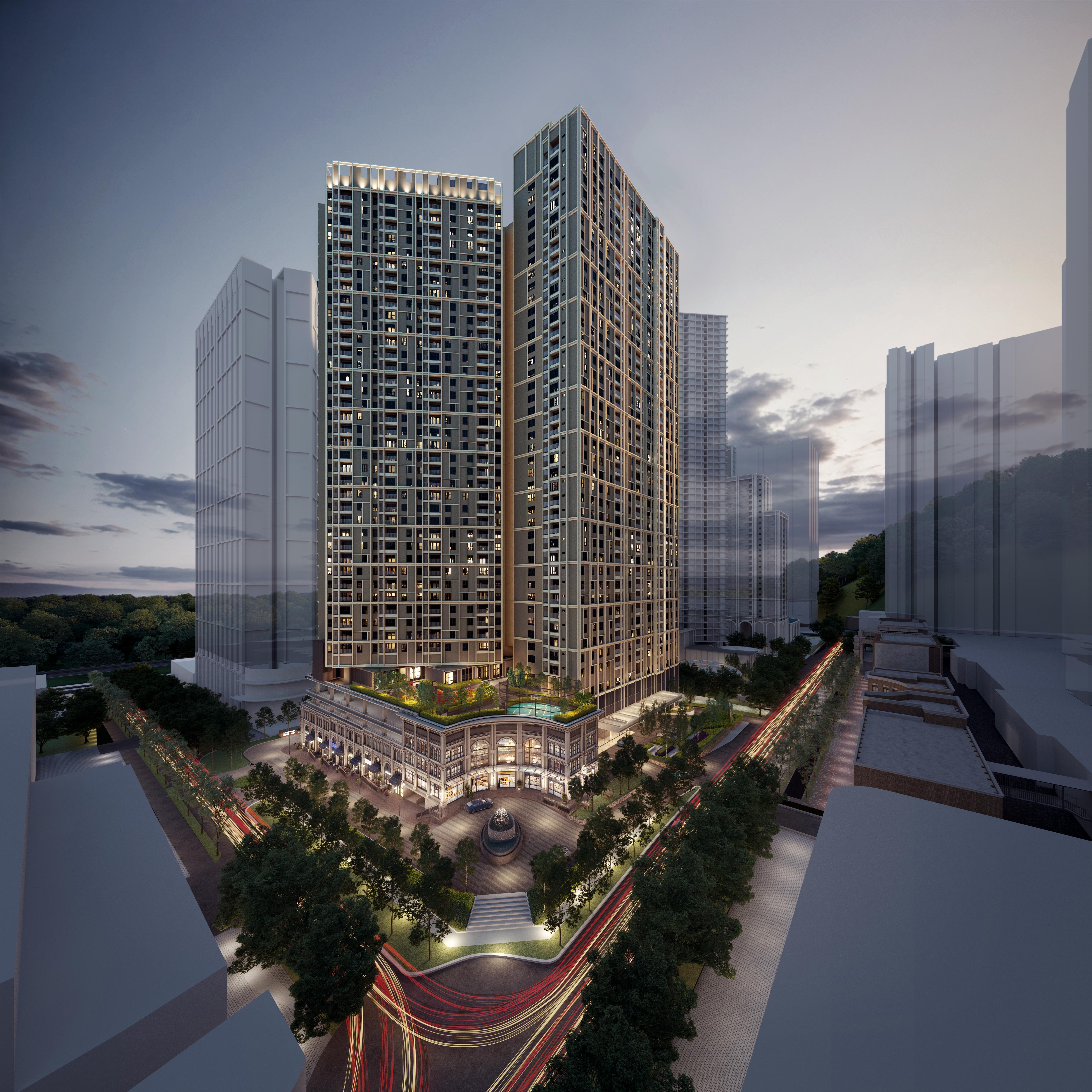 The Aldenz at dusk — the 40-storey serviced residence tower above the colonial retail street at Central Park Damansara, Damansara Perdana, Petaling Jaya