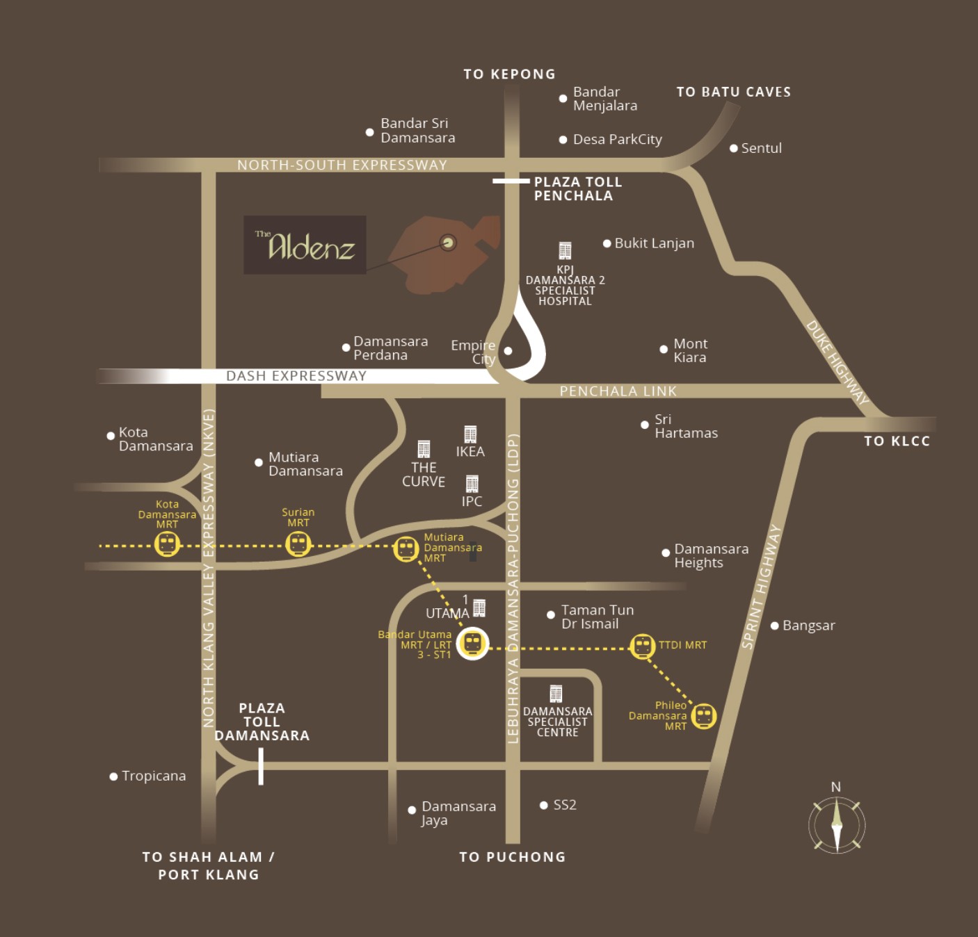 Location map of The Aldenz showing access via the NKVE, DASH Expressway, Penchala Link, LDP and Sprint Highway, with Bandar Sri Damansara, Desa ParkCity, Mont Kiara, TTDI, 1 Utama, IKEA, The Curve and six MRT stations nearby