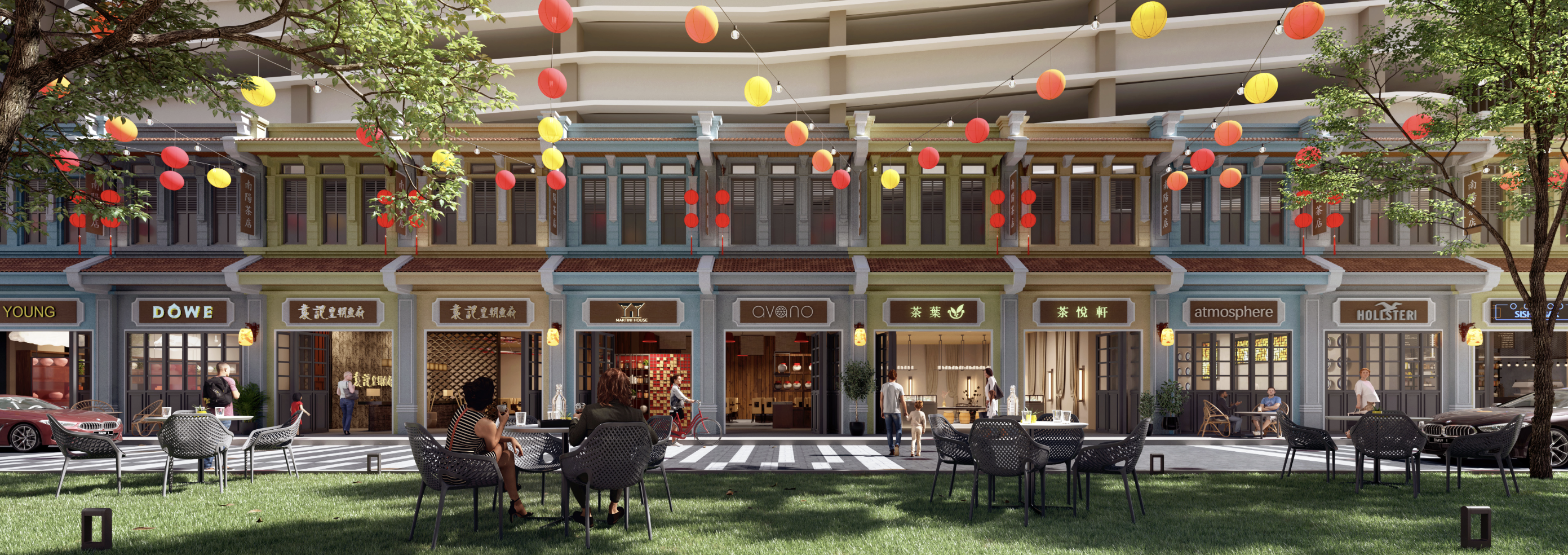 The Nanyang Alley streetscape at Central Park Damansara with hanging lanterns and shophouse arcades