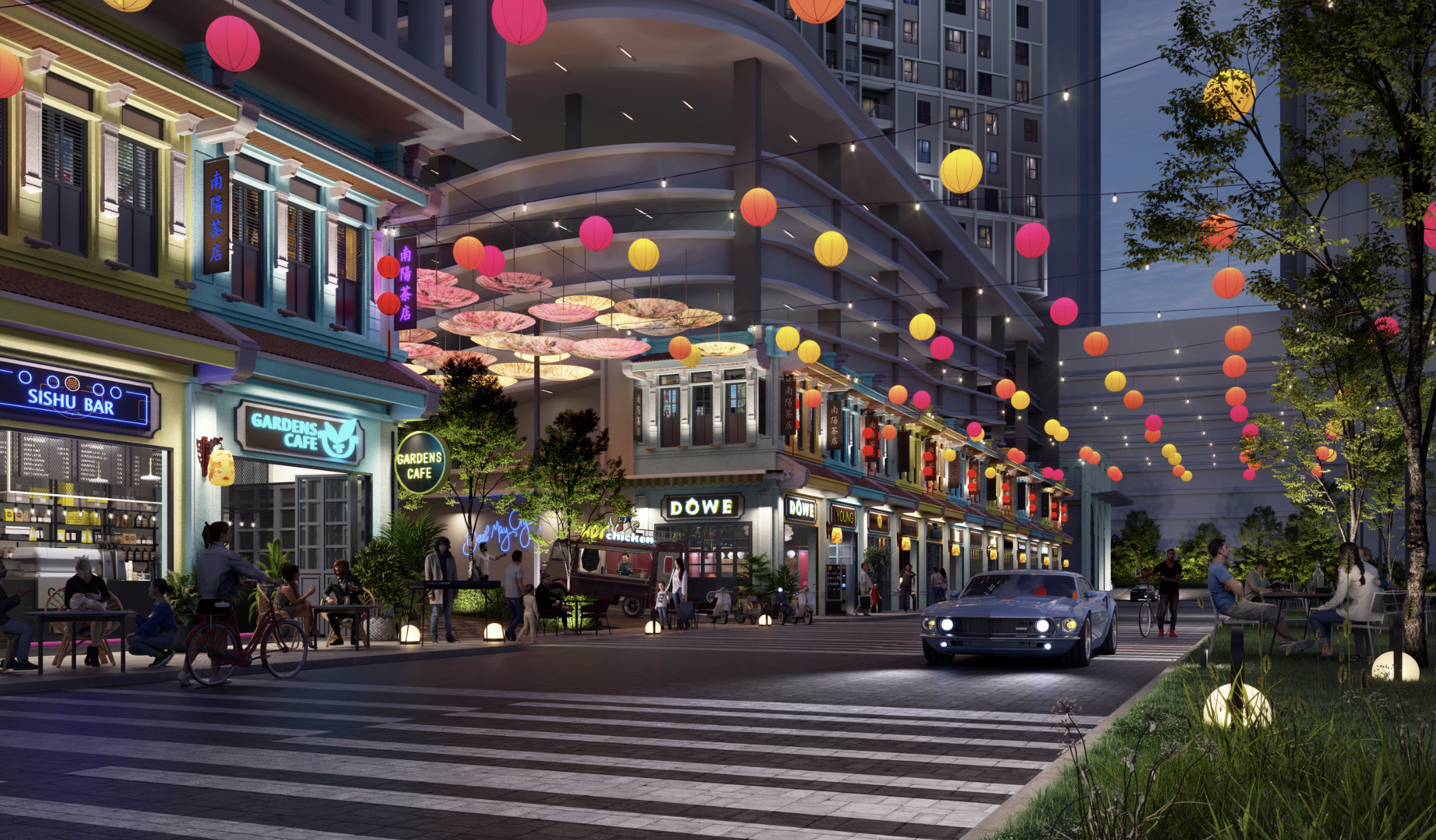 The Nanyang Alley promenade with pedestrian paving, planting and shophouse frontages