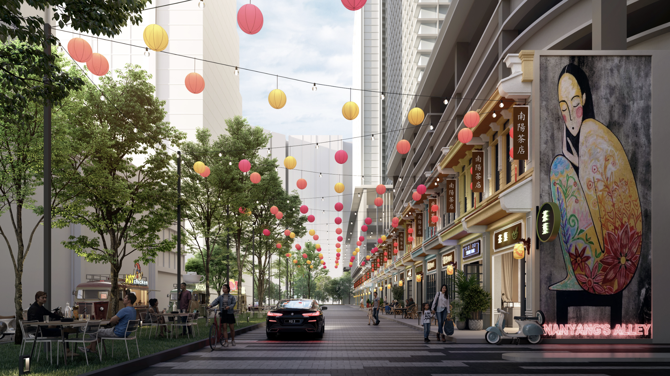 Nanyang Alley at Central Park Damansara — a colonial shophouse street with red and yellow lanterns, food trucks and mural artwork