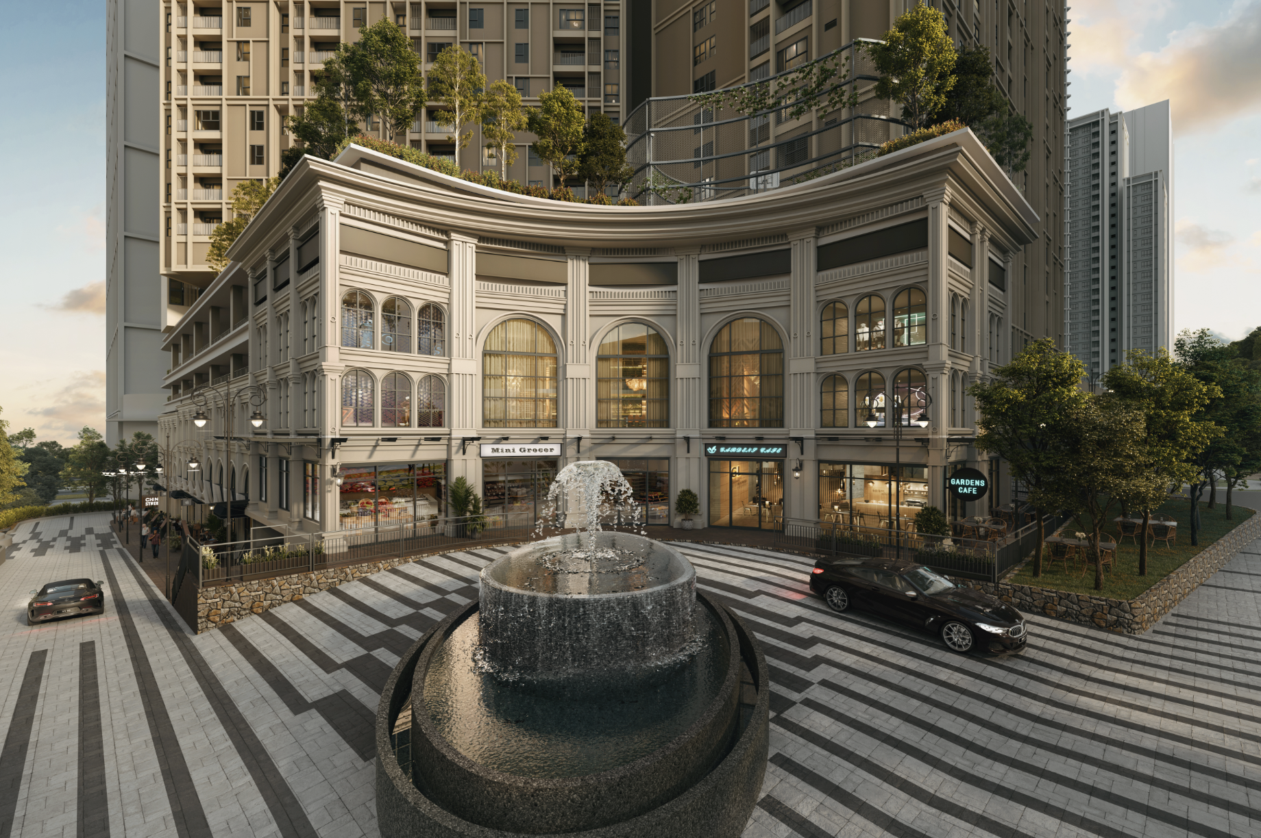 The retail drop-off at The Aldenz, on a separate approach from the residential entrance