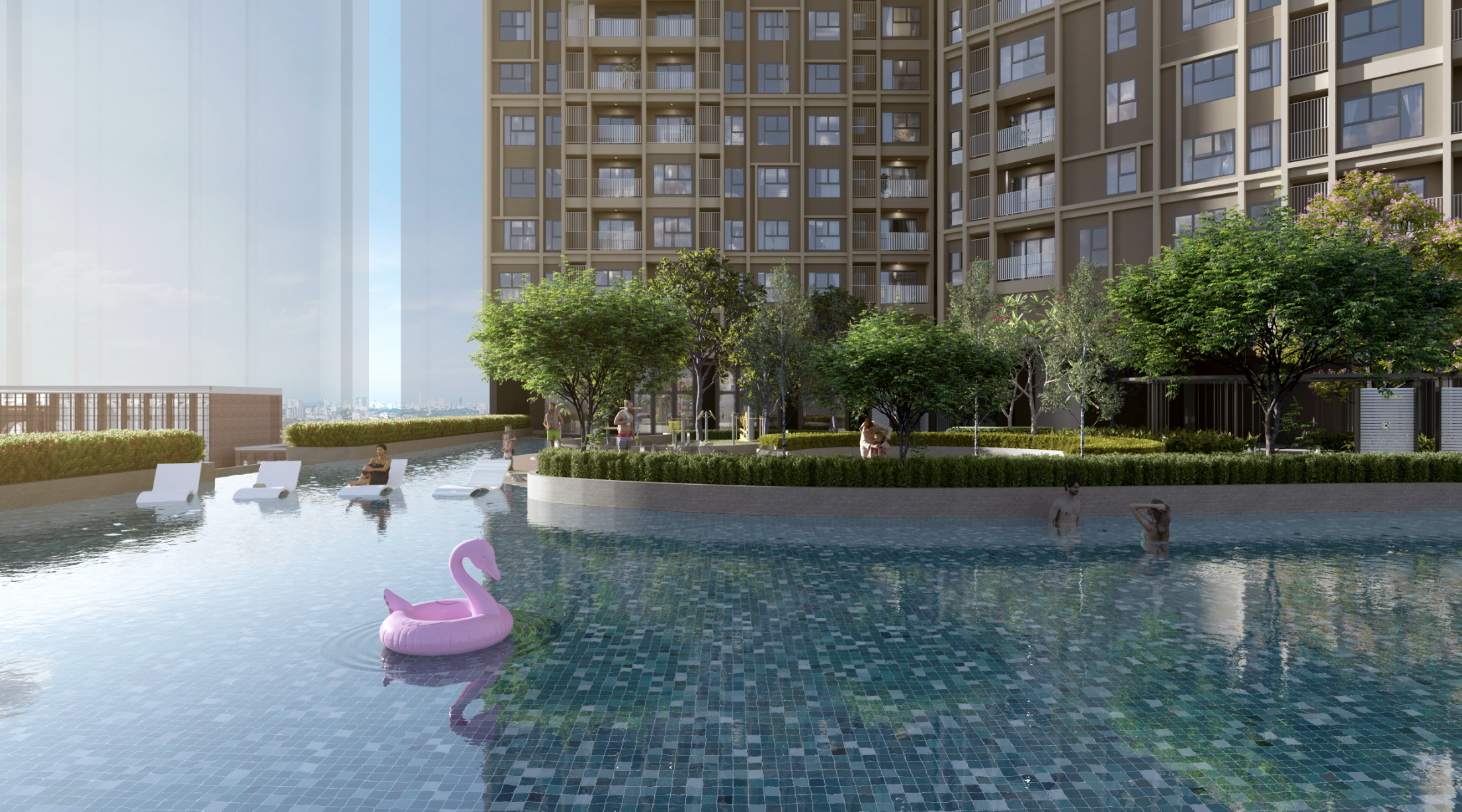 Bubbly Bliss jacuzzi and Little Ripple Bay children's pool on the podium deck at The Aldenz