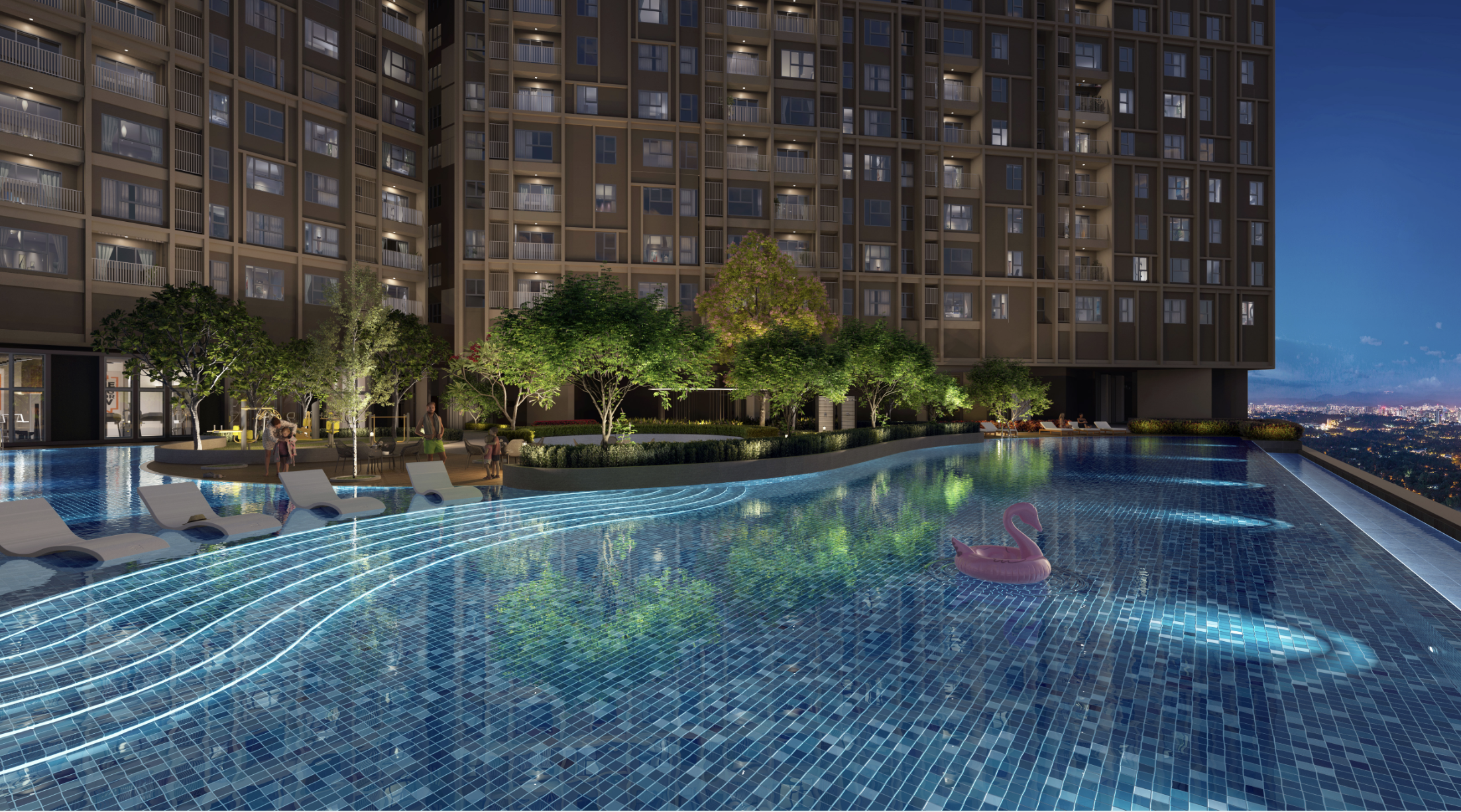 Aldenz Oasis — the podium-level swimming pool at The Aldenz, edged with timber decking and mature planting