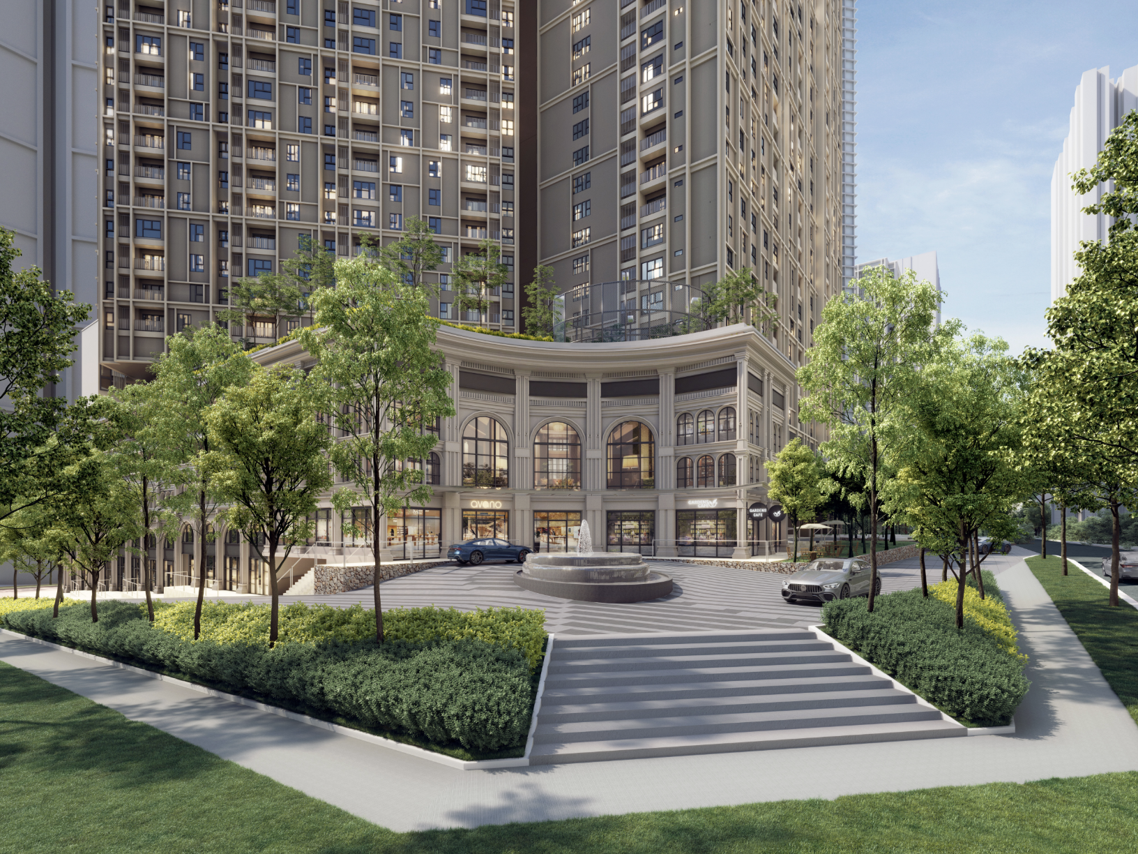 The Fountain Court at The Aldenz — a landscaped water feature at the ground-level arrival plaza