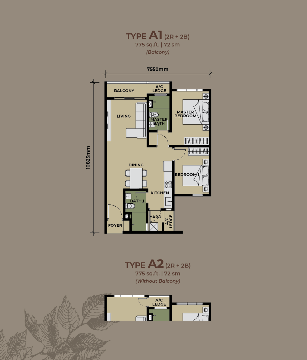 The Aldenz Type A floor plan — 775 sq.ft., 2 bedrooms, 2 bathrooms, with living, dining, kitchen, yard, foyer and optional balcony