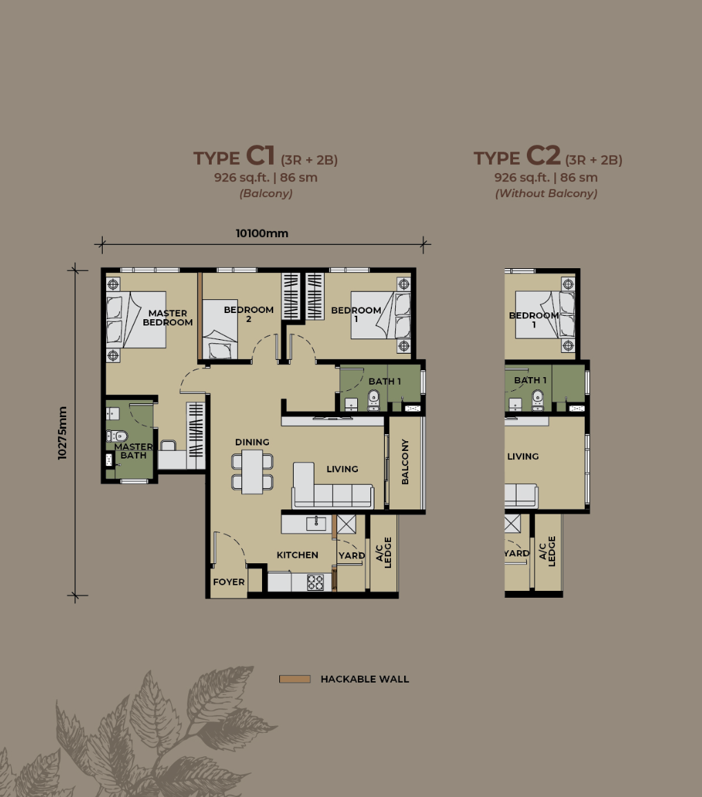 The Aldenz Type C1 and C2 floor plan — 926 sq.ft., 3 bedrooms, 2 bathrooms, with all bedrooms along a wide external frontage