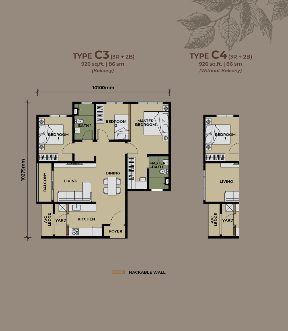 The Aldenz Type C3 and C4 floor plan — 926 sq.ft., 3 bedrooms, 2 bathrooms, mirroring Type C1 with the master suite at the opposite end