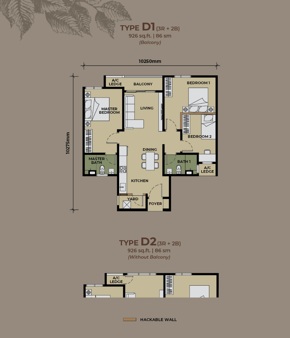 The Aldenz Type D floor plan — 926 sq.ft., 3 bedrooms, 2 bathrooms, with the master suite split from the other two bedrooms by a central living core