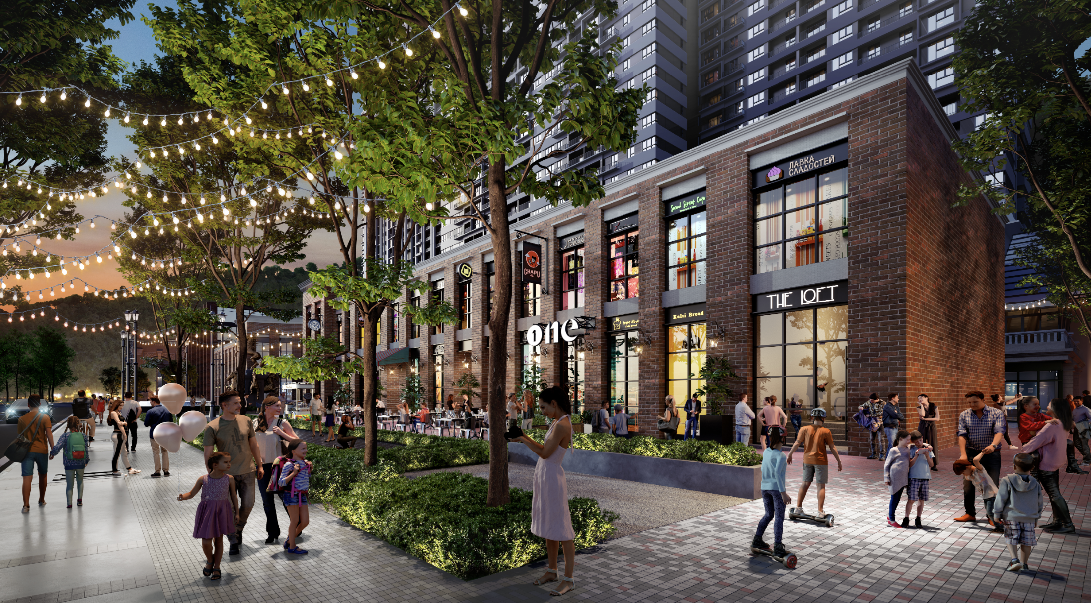 A second view along Trader's Market at Central Park Damansara, with weekend bazaar stalls and pedestrian paving